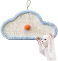 White wall-mounted cat scratching mat with natural sisal surface in a sleeping cat cartoon design.
