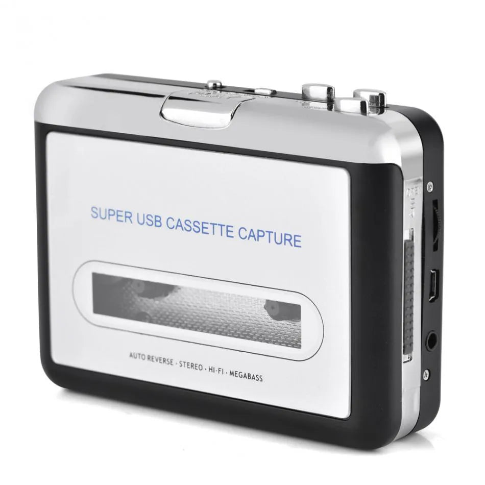 Silver USB cassette tape converter unit for converting tapes to MP3 digital audio files