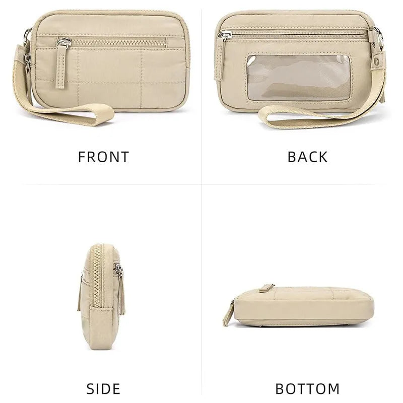 Women's waterproof quilted nylon handbag with transparent deck section in urban simplicity style