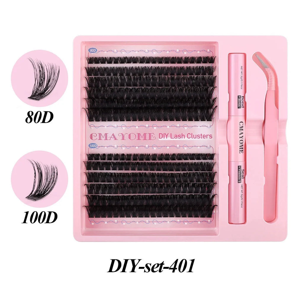 DIY single cluster individual false eyelashes set showing four specification options with artificial fibre construction