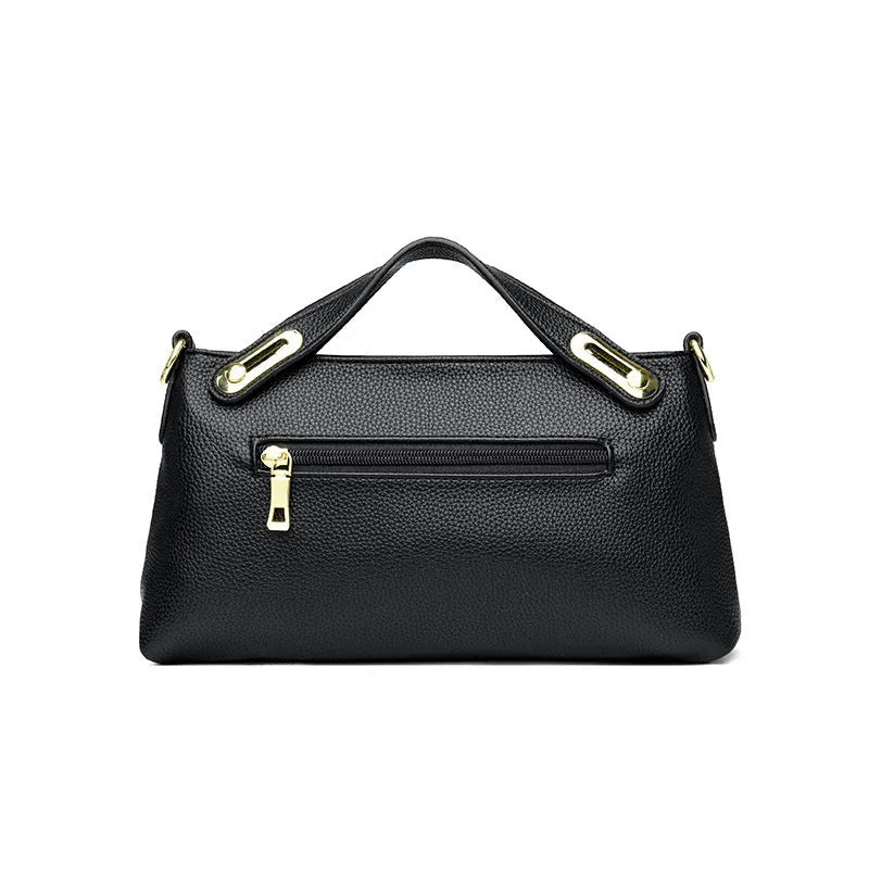 Genuine leather crossbody bag with pleated shoulder strap, horizontal square shape, available in six colours including black, khaki, green, beige, blue, red