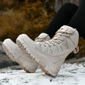 Cowhide leather hi-top hiking shoes with platform soles in beige, black and brown colour options