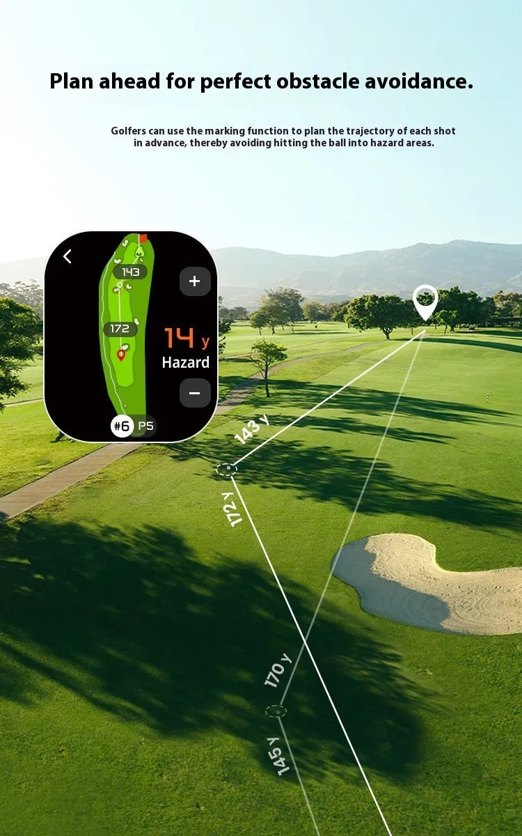 Black GenePro G1 GPS rangefinder with AMOLED screen showing distance measurement display.