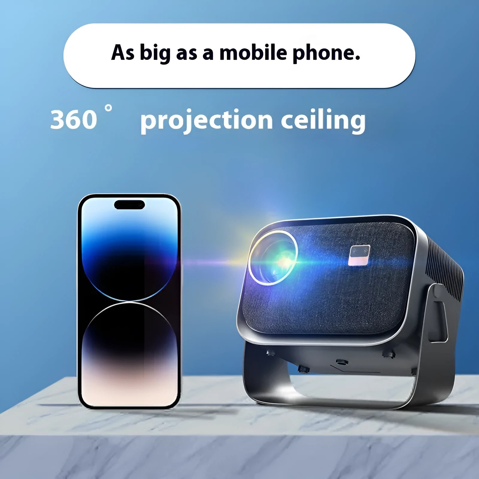 Portable 4K smart home theater projector with mobile phone projection capability showing 1080p resolution display