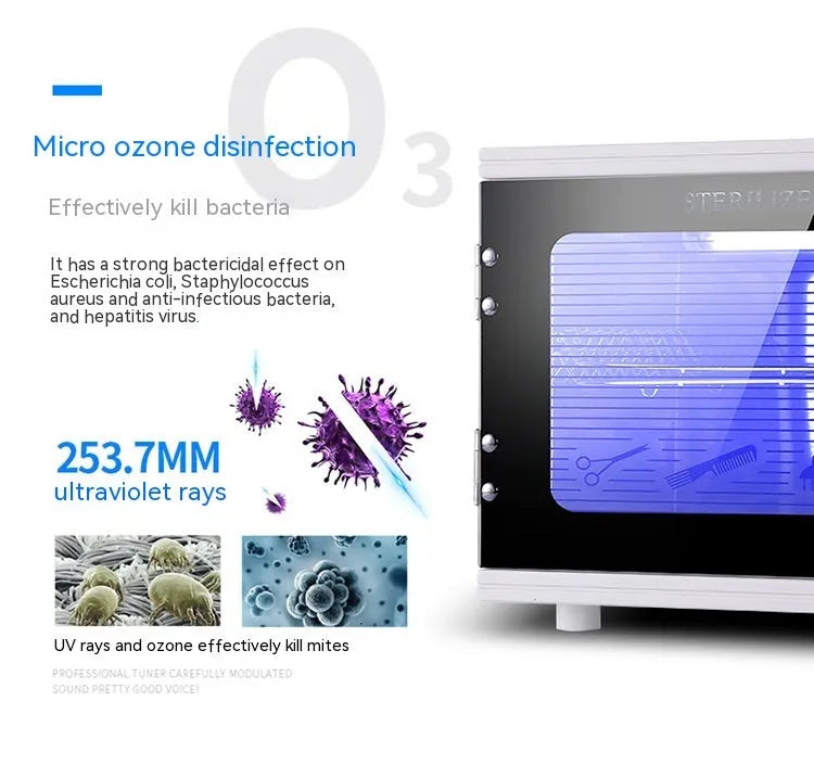 Small silver ultraviolet sterilizer with stainless steel chamber for nail salon and barber tools