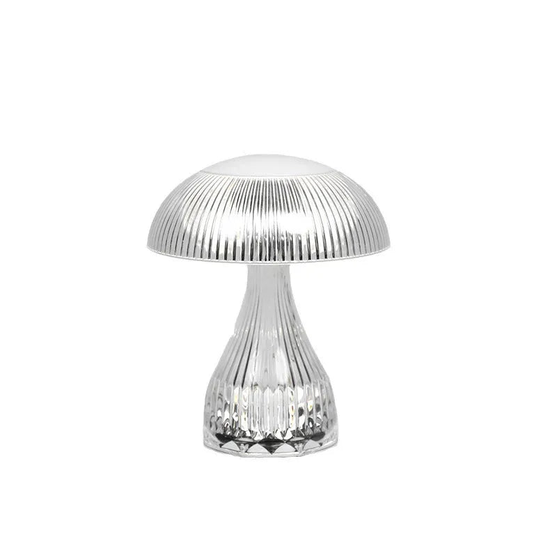 Small white night lamp with USB charging cable and touch control on wooden table