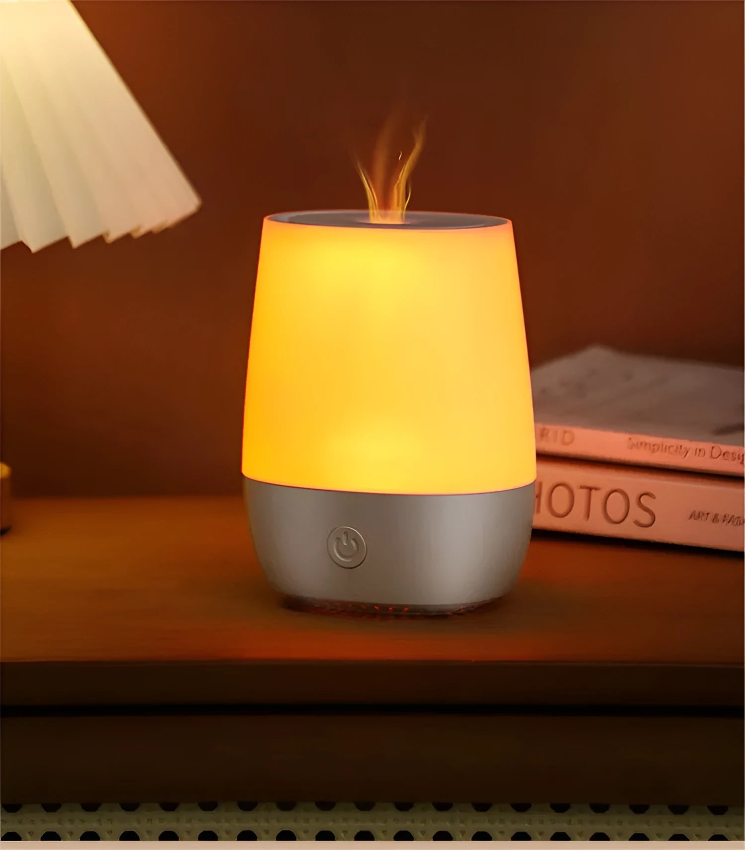 White USB aroma diffuser with simulated flame effect and water tank