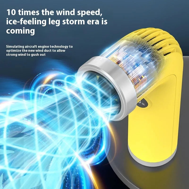 Apricot-coloured bladeless USB desk fan with turbine design on a desk
