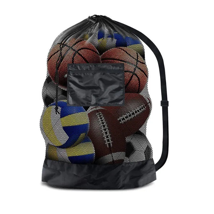 Large black mesh storage bag holding multiple footballs and basketballs for sports training