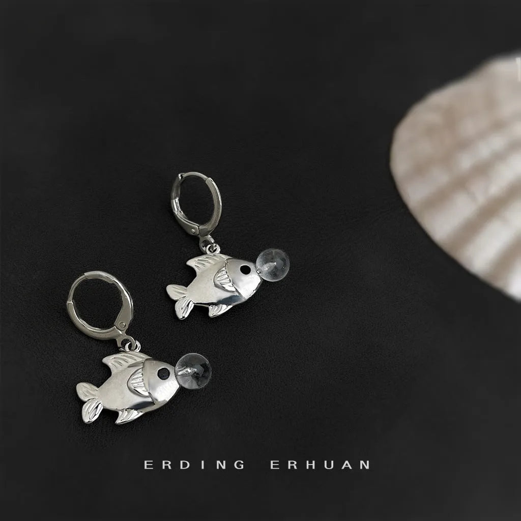 Bubble Fish original design earrings with goldfish animal modelling in electroplated copper construction