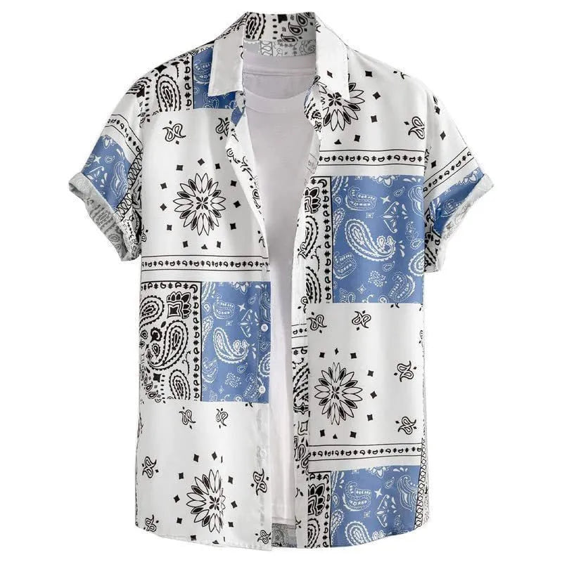 Men's slim fit short sleeve Hawaiian shirt with a digital print pattern on polyester fabric.