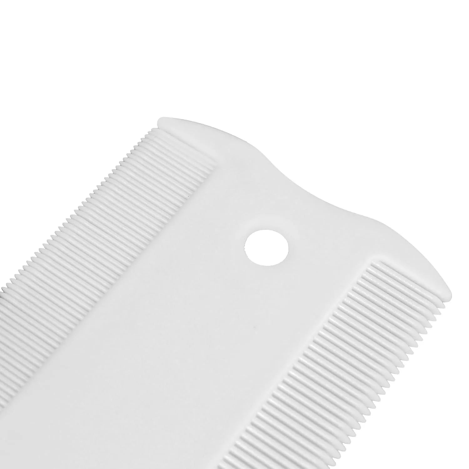 Double-sided dense tooth plastic flea comb for pets, shown with dimensions of 0.85 by 5 centimetres.