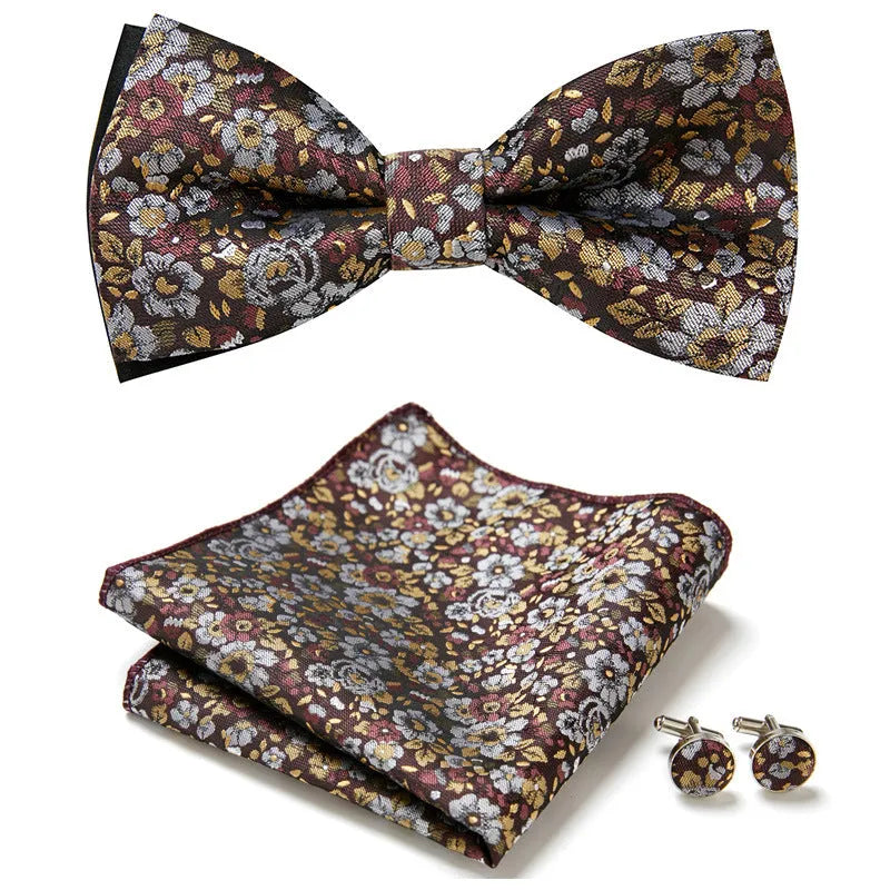 Floral Bow Tie Set of Three Pieces Polyester Yarn Hand-Sewn 12cm by 6cm Bow Tie with Matching Pocket Square 25x25cm and Cufflinks 1.5cm for Men's Formal Wedding and Party Accessories Multistyle Options