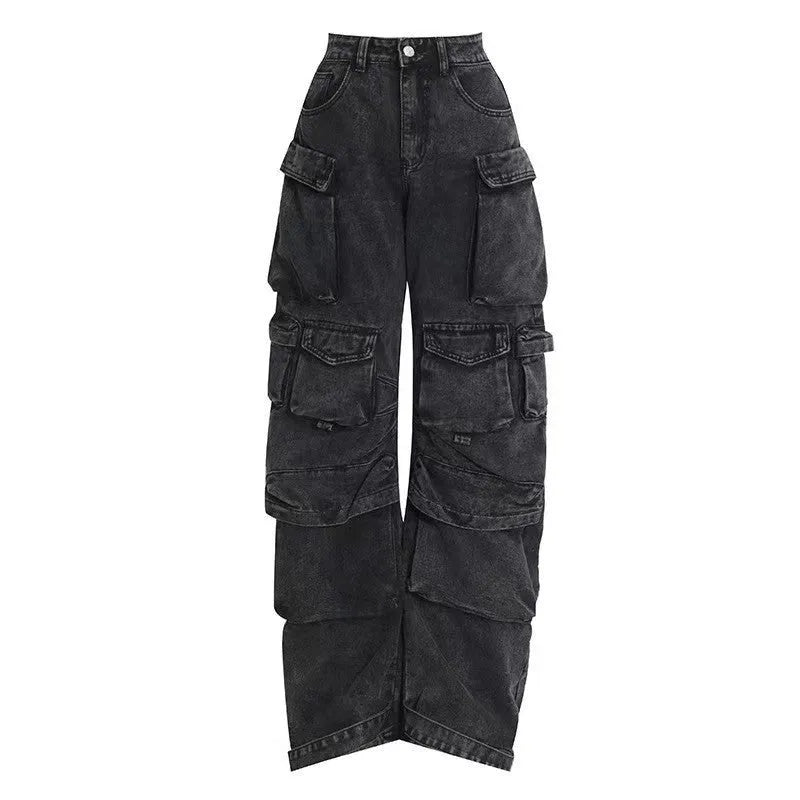 Women's blue tie-dyed high waist wide leg trousers with multiple pockets and street hipster styling