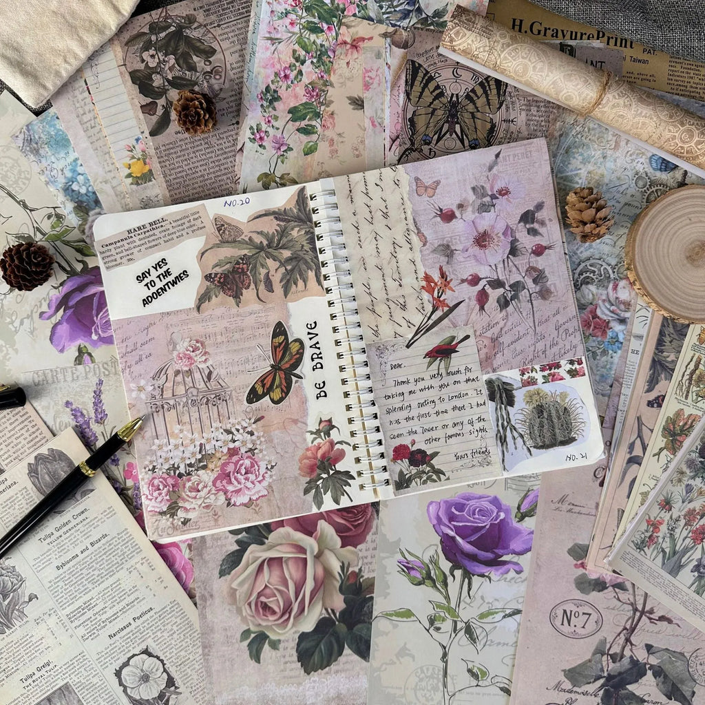 30 pieces of retro-style printed scrapbook paper with nature and music designs.