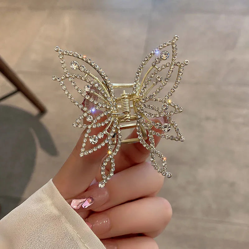 Butterfly-shaped alloy hair clip barrette for women in pearl or rhinestone style finish