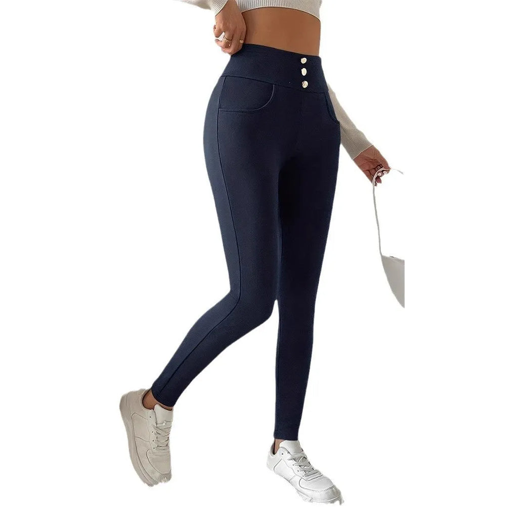 Navy blue women's high-waist casual trousers with straight-leg slim fit