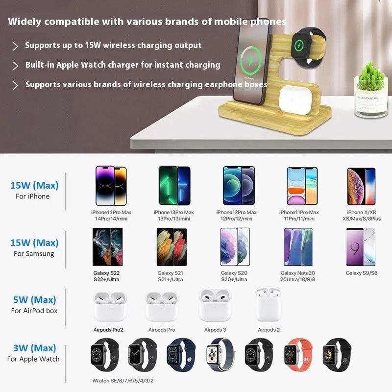 Bamboo three-in-one wireless charger bracket in wheat colour with devices on stand