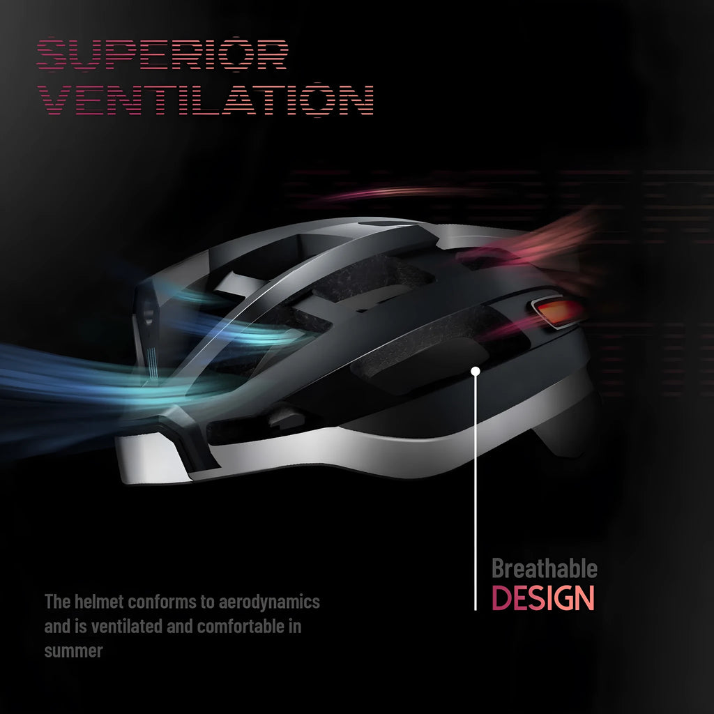 Black and grey smart riding helmet with integrated warning light on the rear, showing USB charging port.