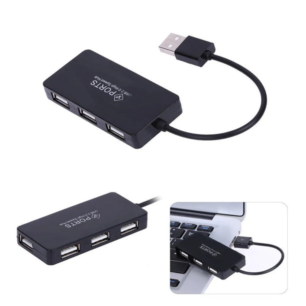 Black 4-port USB hub with 14.5cm cable and compact rectangular casing