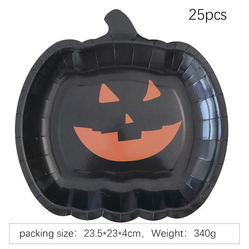 Black Halloween paper plate with pumpkin design, 9 inches in diameter.