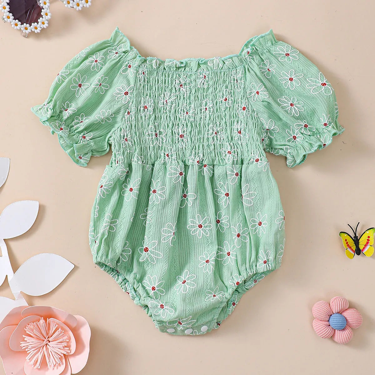 Little Sun Print Puff Sleeve Romper for baby girls in cotton suspender style, available in pink, green, light purple, sizes 70-100cm