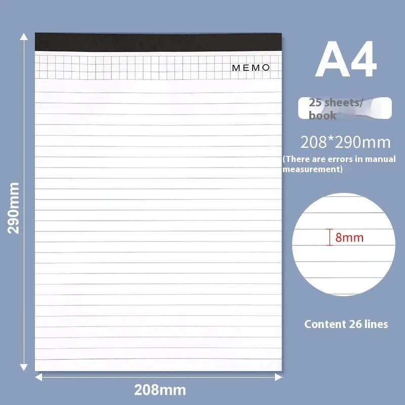 A4 tearable notebook with grid-lined paper and adhesive binding, shown in A4 and A5 sizes