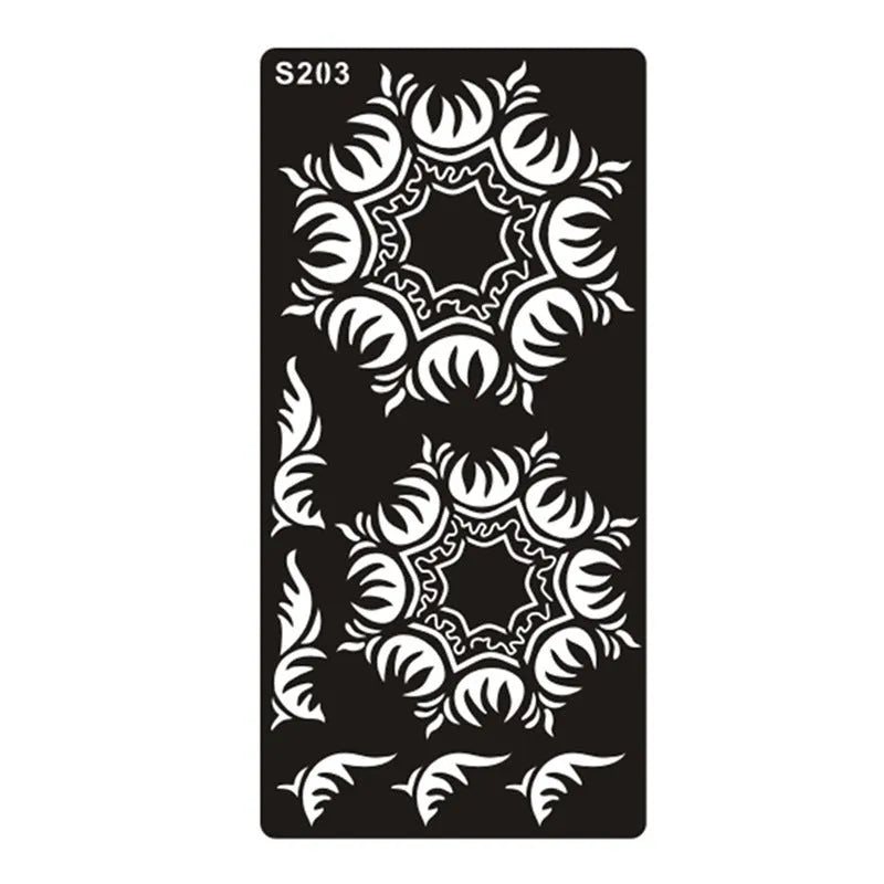 Sheet of hollow geometric pattern temporary tattoo stickers in various colours on water transfer paper.