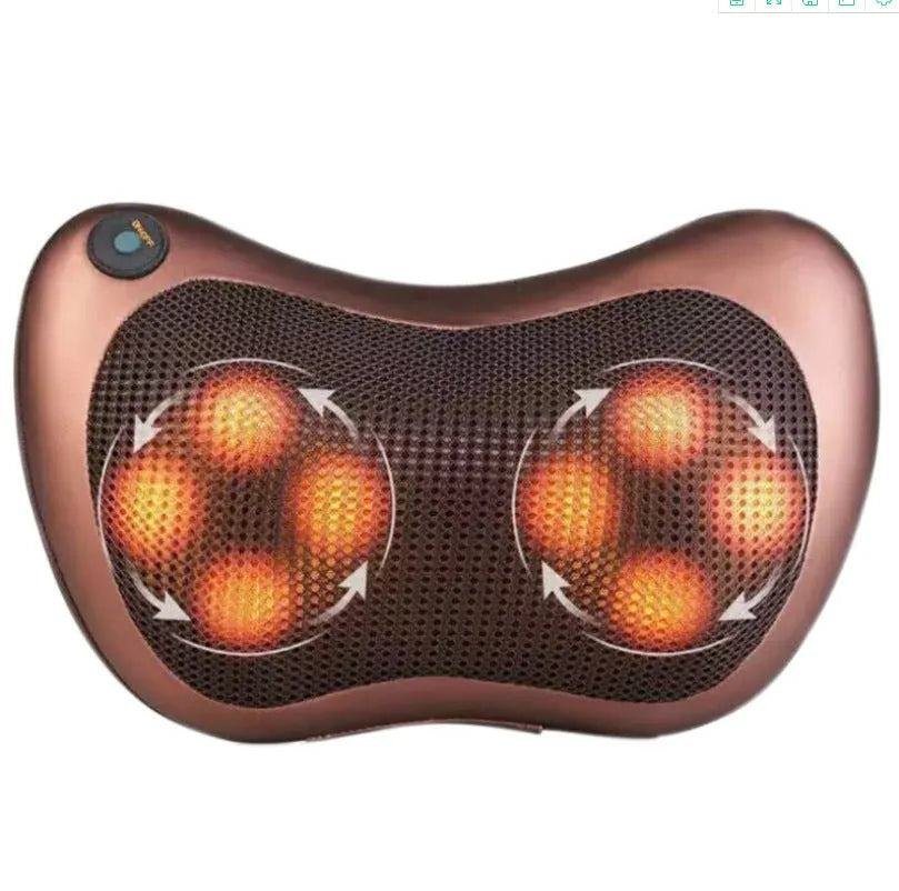 Brown genuine leather smart neck massage pillow with 8 massage heads for home and car use