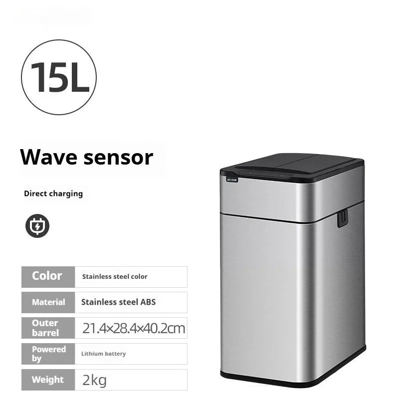 Stainless steel square inductive smart trash can with automatic sensor lid and deodorant function.