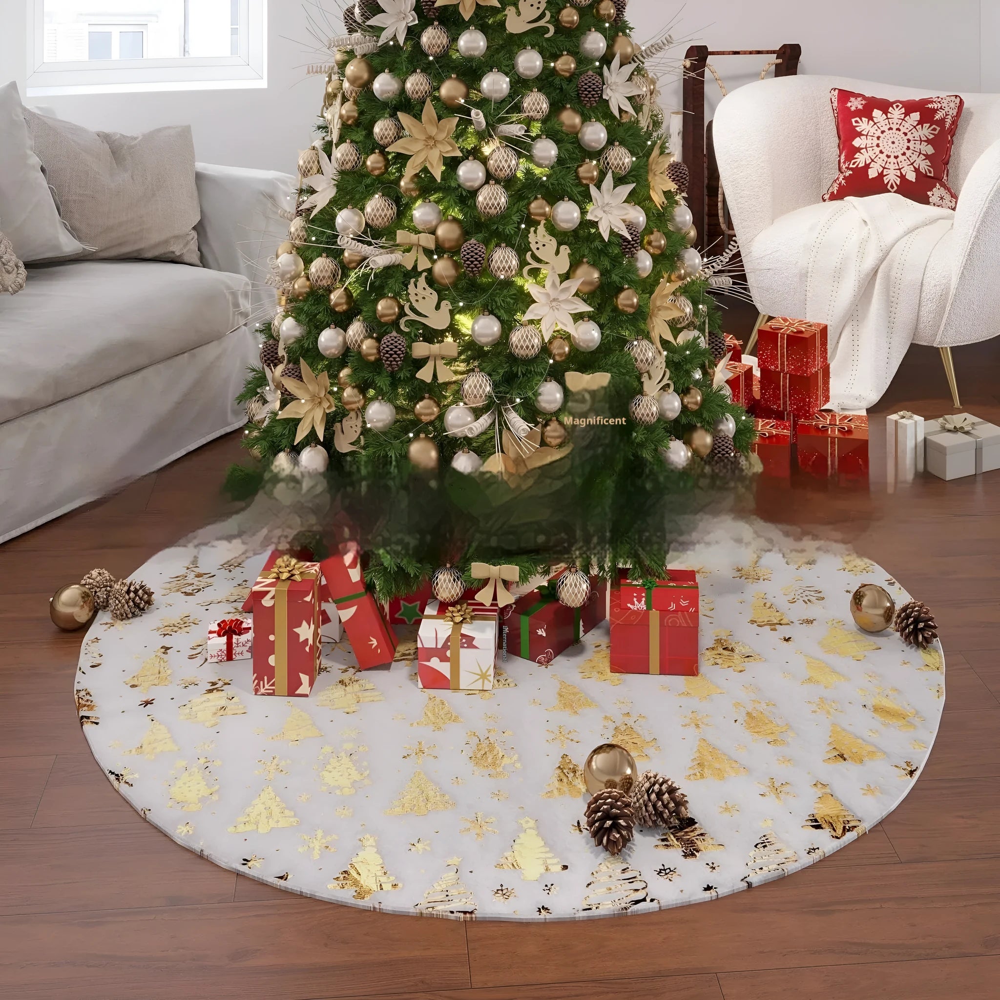 Plush Christmas tree decorative floor mat in red and green on a wooden floor