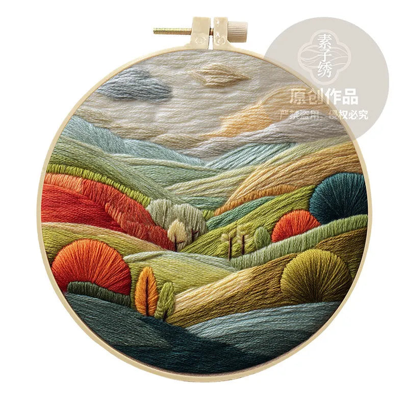 Embroidery DIY kit with landscape printed fabric, threads, needles and 15cm bamboo frame