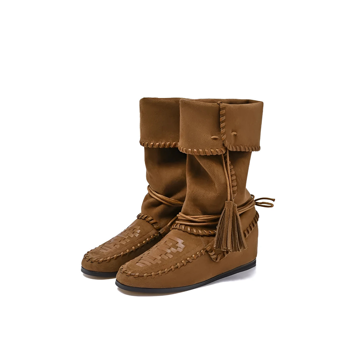 Mid-top square toe western cowboy boot in brown with suede lining and flat heel