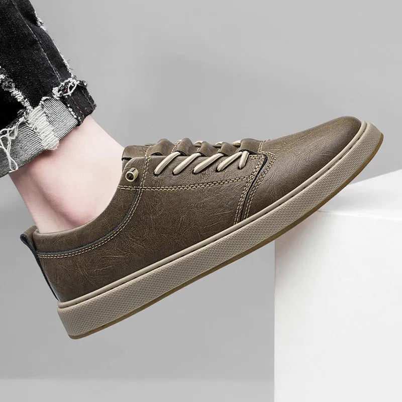 Men's big size cowhide leather board shoes in beige with round toe and low-cut lace-up design