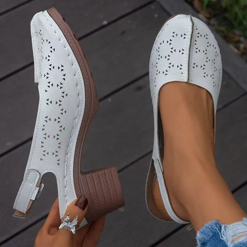 Women's closed toe wedge sandals in black, creamy-white, wine red, blue, or brown colours, showing round toe design and wedge heel