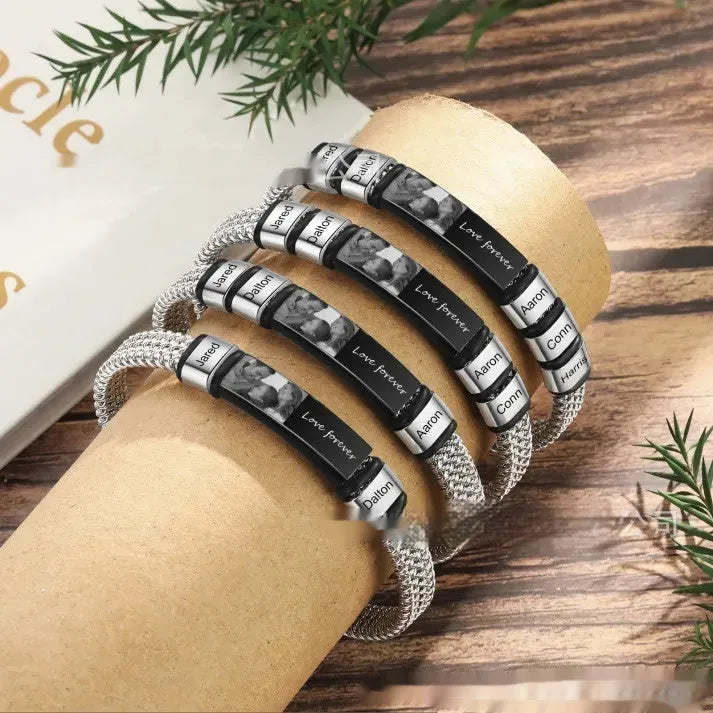 Men's titanium steel lettering bracelet with leather rope and heart-shaped beads in gift box