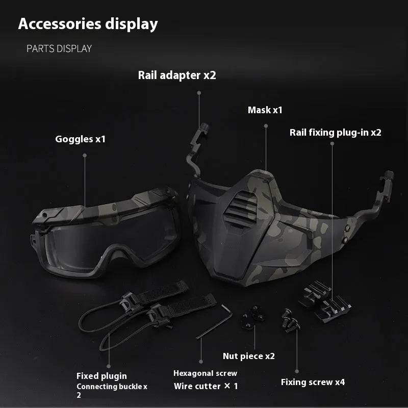 Multi-dimensional split tactical combination suit mask and goggles in black, TPE fabric, ABS PC lens