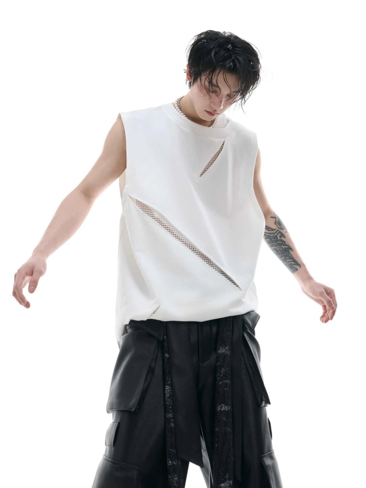 Hollow mesh sleeveless vest with metal decoration, washed cotton blend, slim fit, black grey white, Asian sizes L M XL