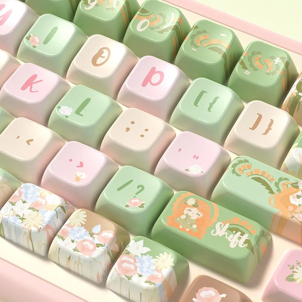 Full set of colourful Summer Garden themed ABS keycaps for mechanical keyboards, laid out on a table.