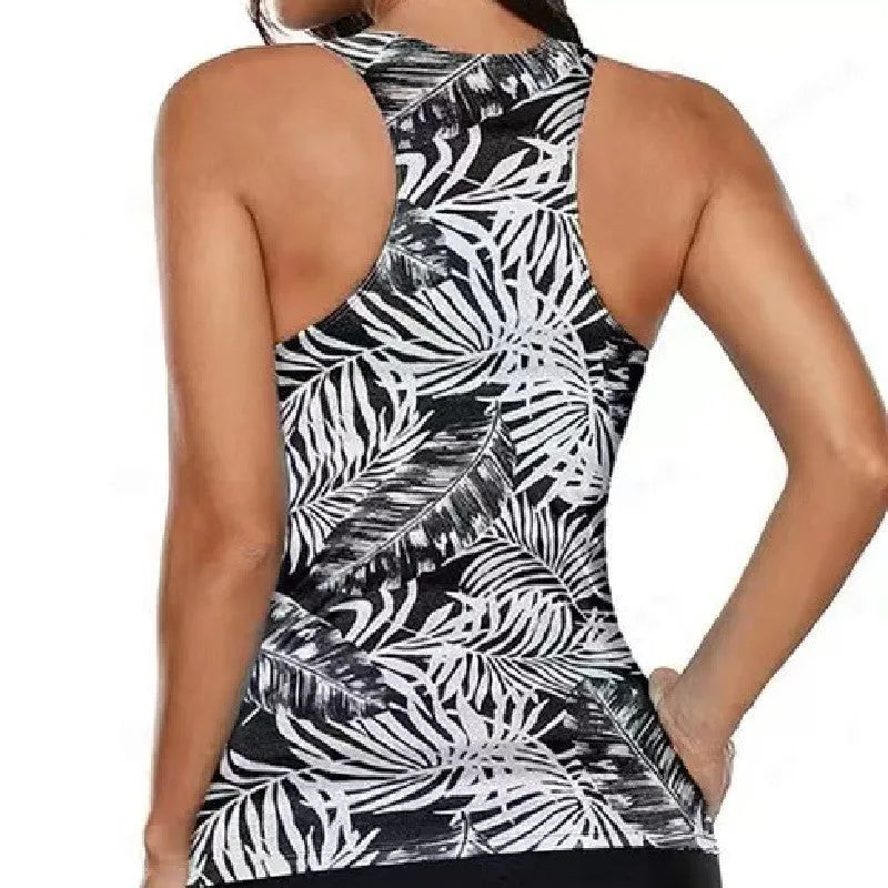 Women's split bow bikini swimsuit in polyester fabric on a model, showing front design.