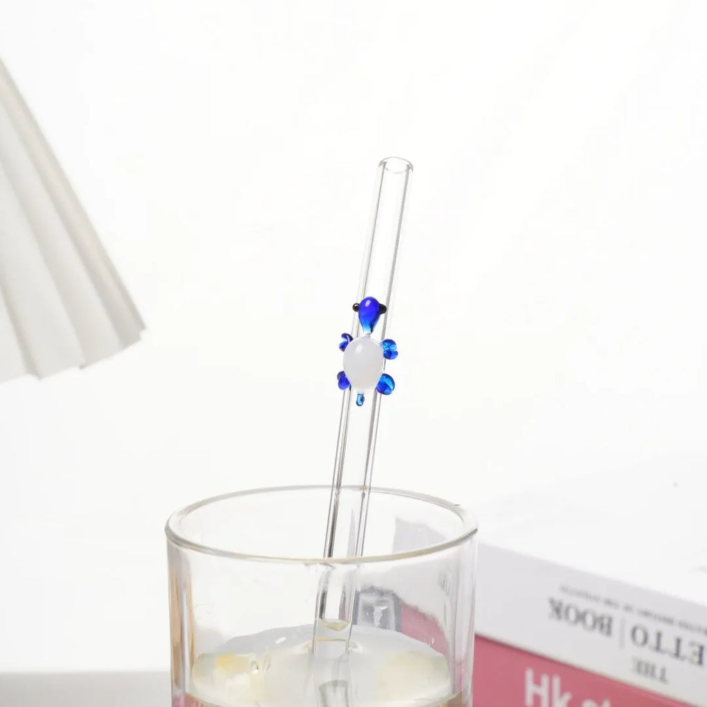 Set of four high borosilicate glass turtle elbow straws in pink green purple and yellow for children