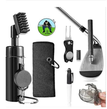 Six black plastic golf club cleaning tools arranged together for groove debris removal