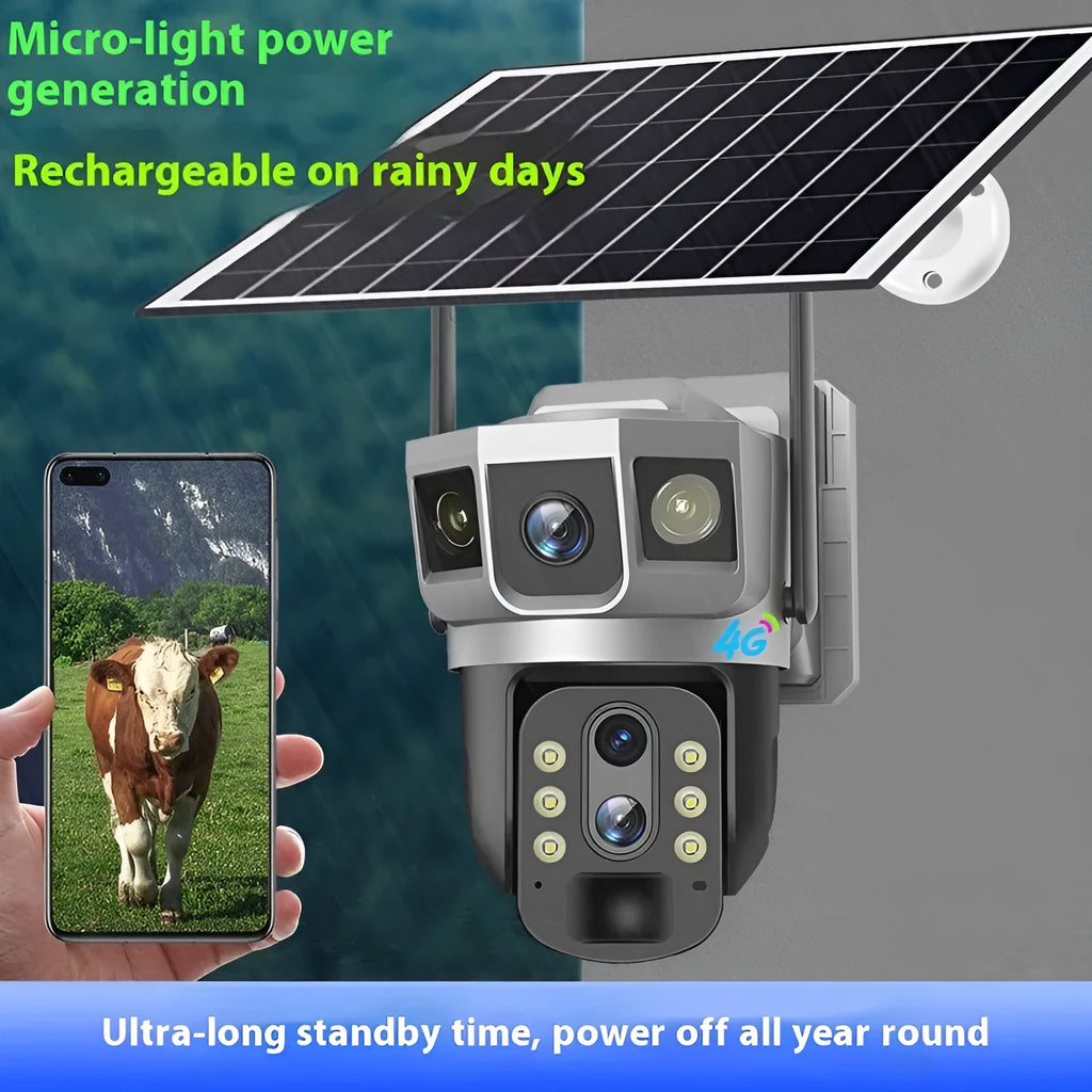 V380 outdoor security camera with solar panel showing 10x zoom capability and 4G connectivity