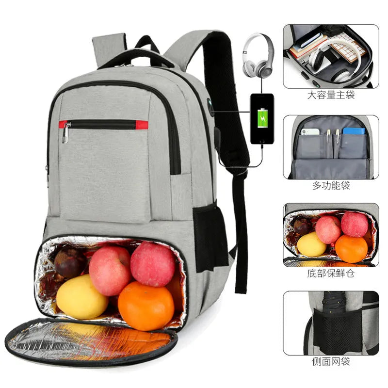 Insulated Oxford cloth picnic backpack in grey, showing main compartment and curved shoulder strap.
