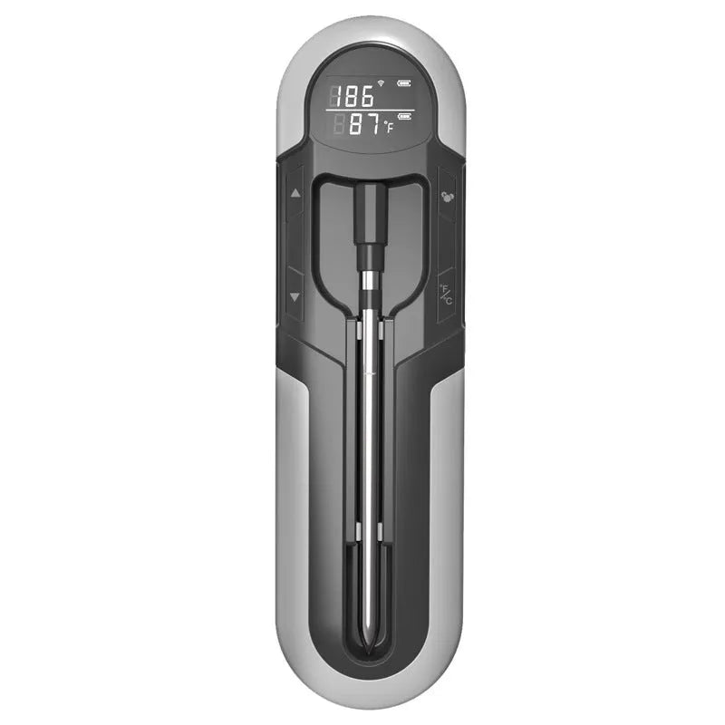 Bluetooth BBQ thermometer in grey, blue, or orange with 175 x 49 x 20mm size, IP66 waterproof, magnet design, and wireless app control.