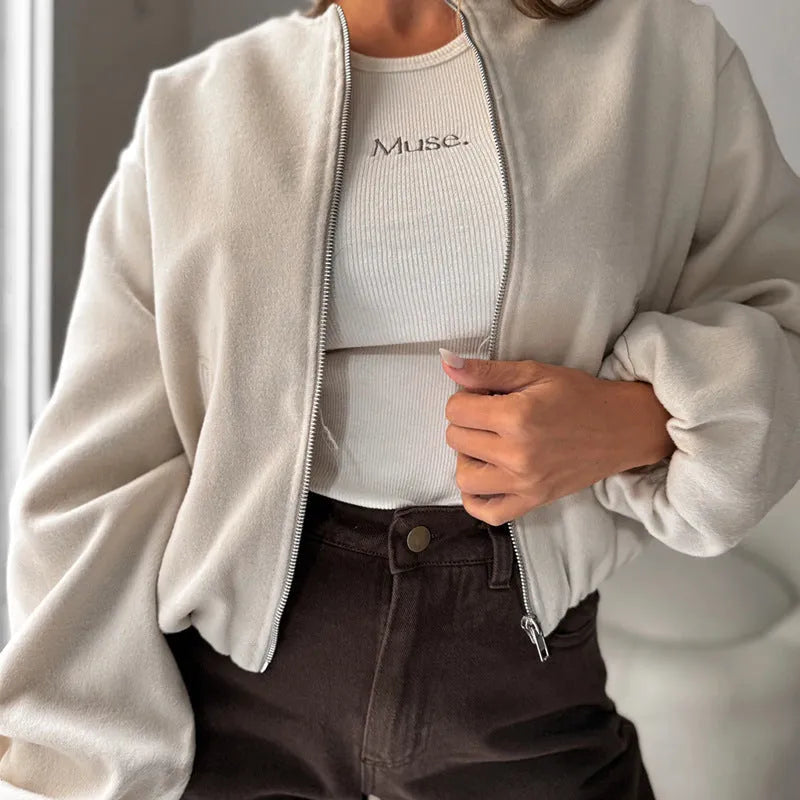 Women's loose fit jacket with lantern sleeves in milky white polyester fabric