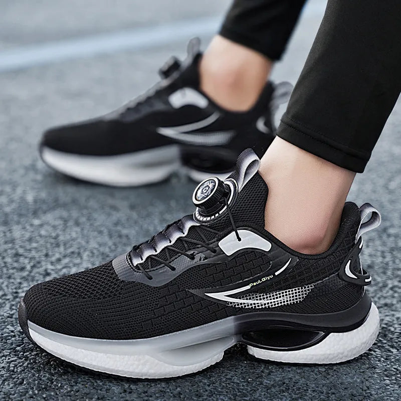 Men's white rotating button buckle running shoes with breathable mesh upper and low-top design