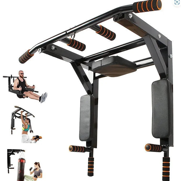 Black metal wall-mounted fitness rack for sandbag and single parallel bars pull-up training.
