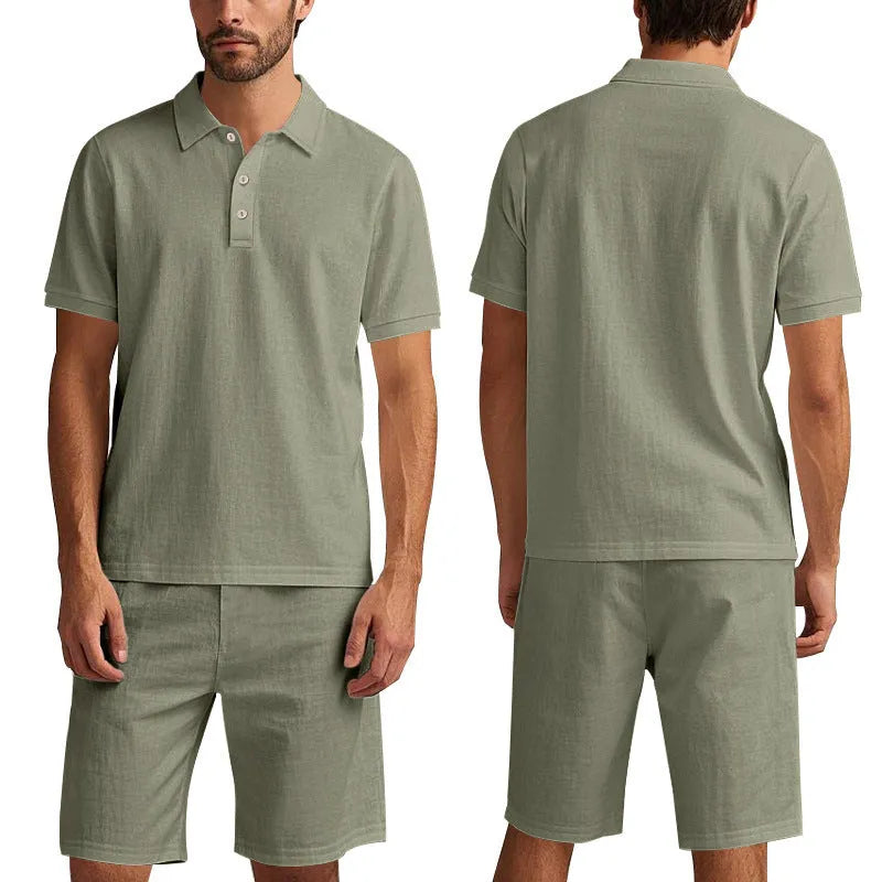 Men's linen beach shorts suit set showing short sleeve shirt and matching shorts in light blue colour