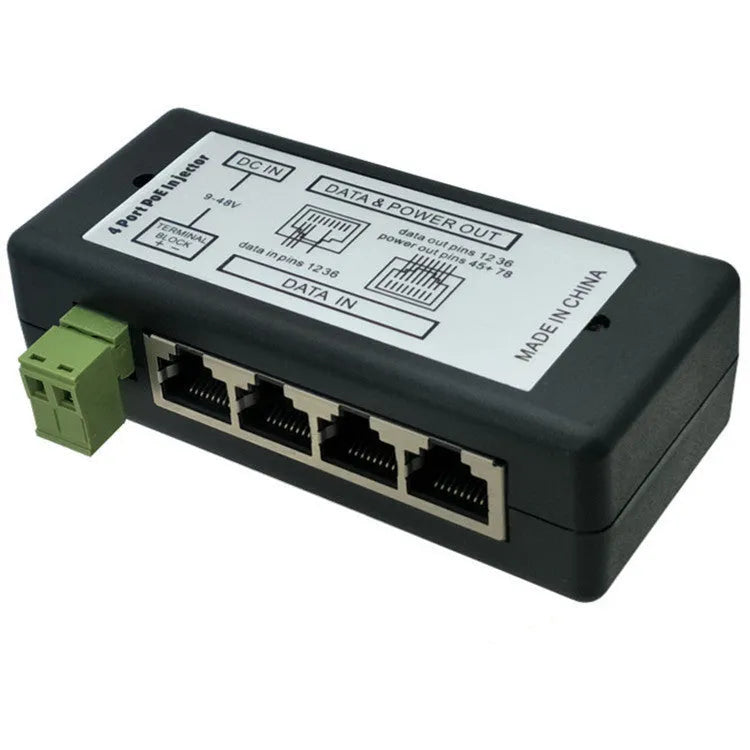 Four-port PoE DC power supply module in black plastic housing with RJ-45 interfaces